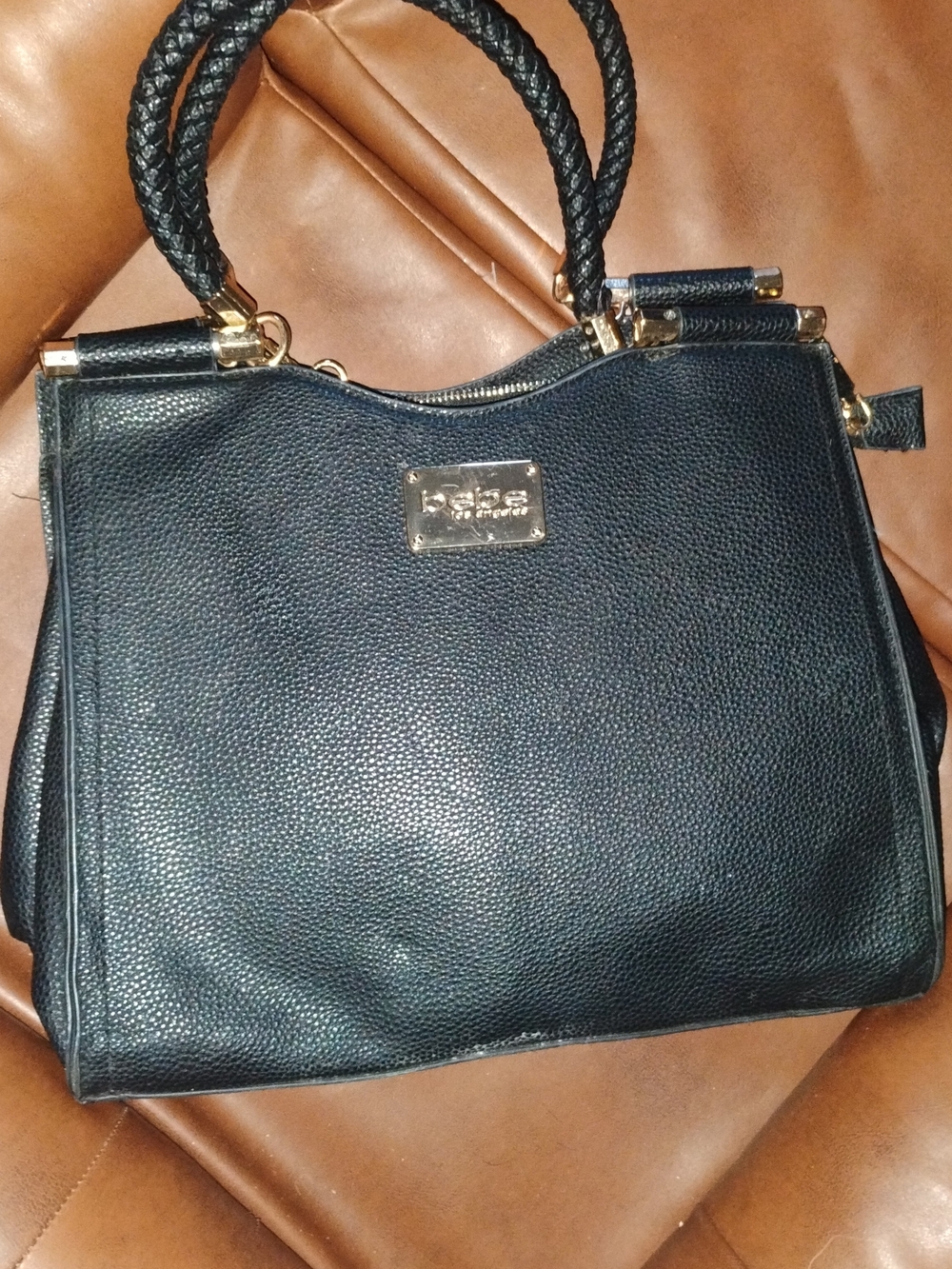 bebe Black Textured Shoulder Tote with Gold Hardware